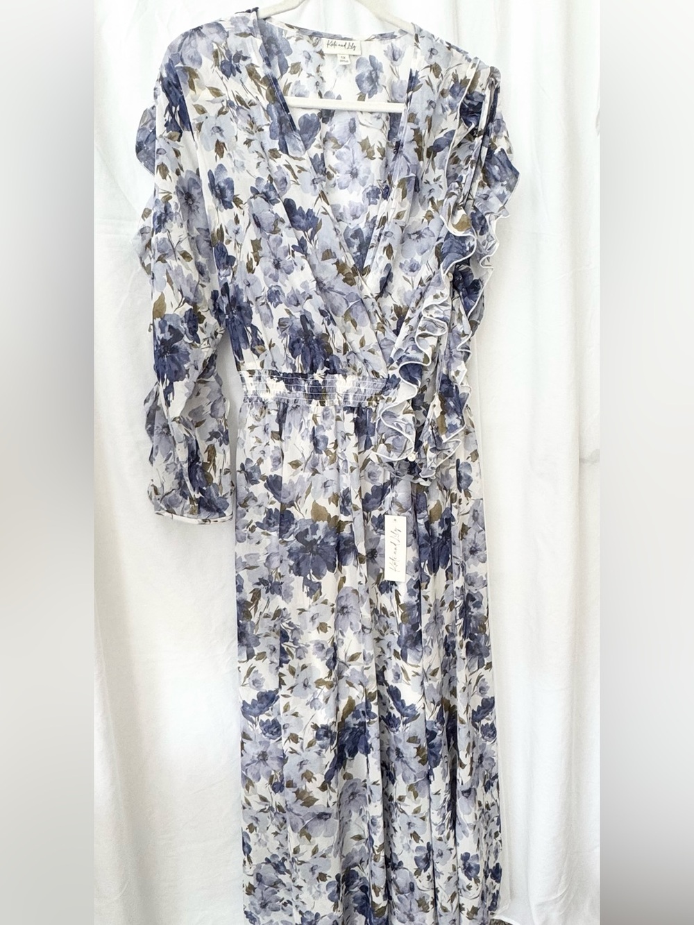 Kate & Lily Chiffon V Neck Blue Floral Maxi Dress with Ruffle Sleeves NWT